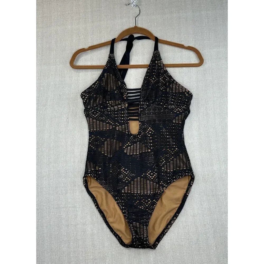 Mossimo Black Nude Crochet Lace Overlay One Piece Halter Strappy Small Swimsuit